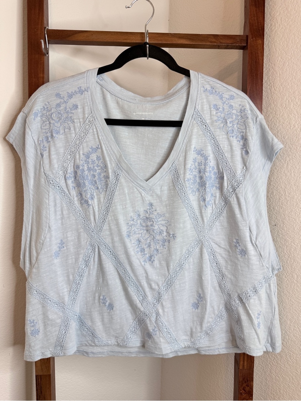 Anthropologie Blue Floral Embroidered Lace Inset V-Neck Cotton Top Size M